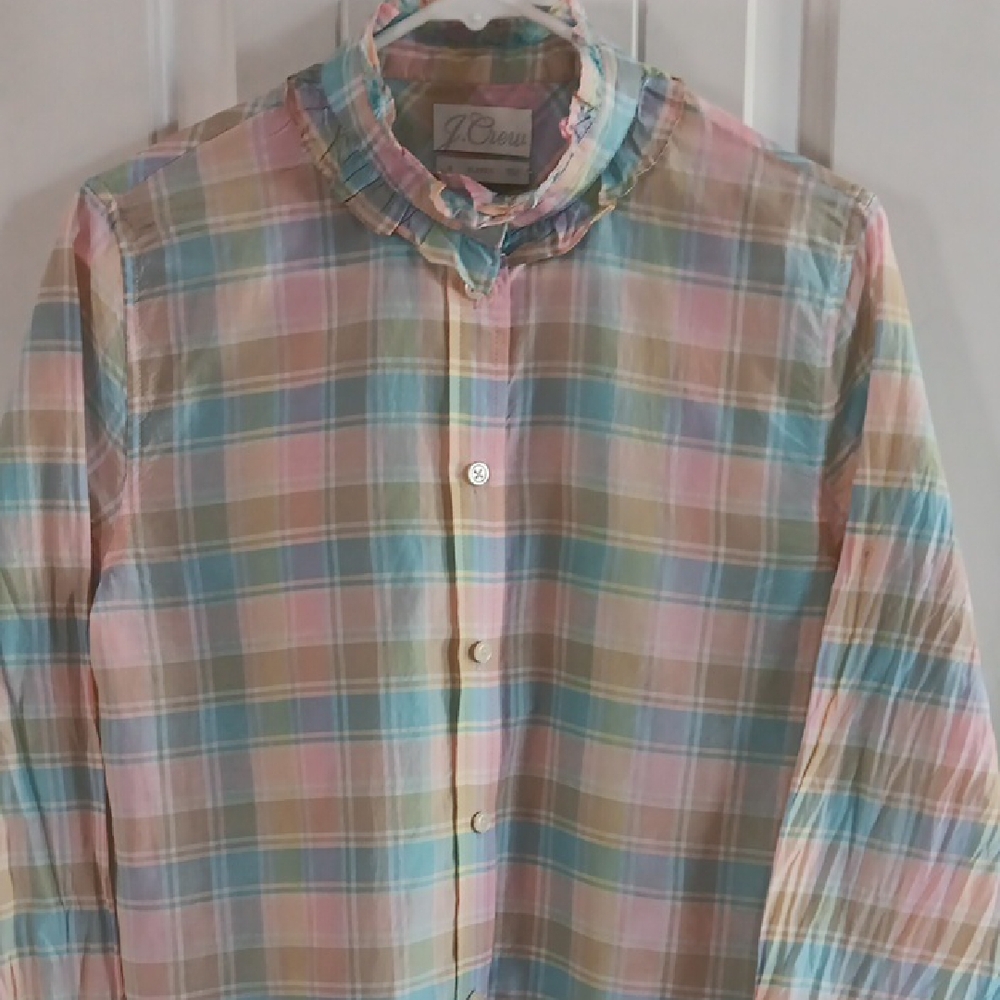 J.Crew Classic-Fit Cotton-Silk Voile Ruffleneck Shirt in Pastel Plaid.  - Picture 3 of 9